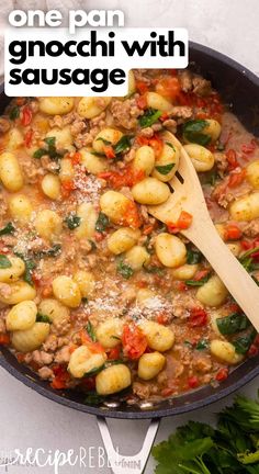 one pan gnocchi with sausage and spinach is an easy dinner that's ready in under 30 minutes