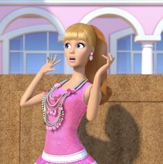 a cartoon girl in a pink dress is holding her hand up to the side while standing next to a wall