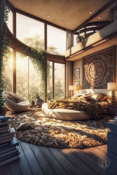 a bedroom with a large bed and lots of windows