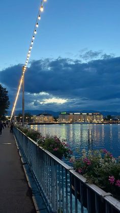 people walking along the waterfront at night with lights strung over them and flowers growing on the railing