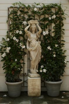 the statue is surrounded by potted plants