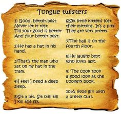 a piece of paper with some writing on it that says tongue twisters and the words