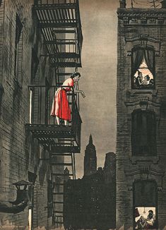 an illustration of a man standing on the top of a building next to a fire escape