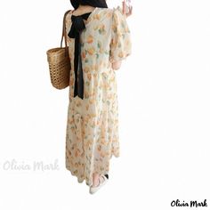 Olivia Mark - Stylish Loose Fit Maternity Dress with Floral Chiffon and Bubble Sleeves Casual Summer Chiffon Dress, Short Sleeve Chiffon Dress For Day Out, Casual Chiffon Dress For Daywear, Casual Chiffon Beach Dress, Casual Apricot Maxi Dress For Summer, Casual Chiffon Maxi Dress For Daywear, Casual Chiffon Maxi Length Dress For Day Out, White Casual Chiffon Dress For Day Out, Casual Day Out Chiffon Maxi Dress