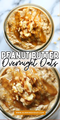 peanut butter overnight oatmeal in two glass bowls