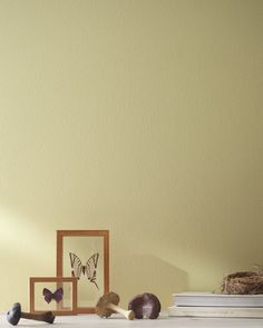 two framed pictures and some seashells on a table