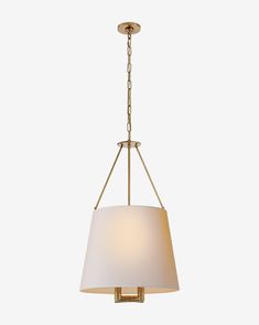 a light fixture with a white shade hanging from it's center point, on a white background