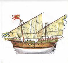 a drawing of a ship with sails and flags