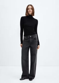 Wideleg mid-rise jeans - Women | Mango USA Classic Wide-leg Jeans For Fall, Chic Cropped Straight Jeans For Fall, Chic Straight Cropped Jeans For Fall, Modern Wide-leg Jeans For Fall, Denim Dungarees, Linen Suit, Tie Neck Blouse, Oversized Coat, Denim Style