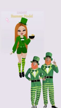 three people dressed in green outfits and hats