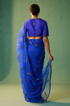 Blue habutai silk and organza saree with dori, marori and zardosi hand embroidery. - Aza Fashions Blue Organza Choli With Zari Work, Blue Raw Silk Pre-draped Saree For Reception, Eid Blue Raw Silk Pre-draped Saree, Designer Blue Raw Silk Pre-draped Saree, Designer Blue Pre-draped Saree With Sheer Dupatta, Blue Raw Silk Pre-draped Saree For Festivals, Blue Raw Silk Pre-draped Saree For Eid, Blue Silk Blouse Piece For Eid, Blue Tissue Silk Pre-draped Saree For Diwali