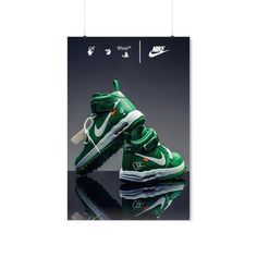 Step into sneaker style with our Off-White x Nike Air Force 1 Mid Pine Green Poster! Celebrate the iconic collaboration and vibrant design of these legendary kicks with a captivating print that showcases every detail. A must-have for sneaker enthusiasts and collectors, this poster brings the allure of Off-White and Nike to your space, adding a touch of street-style and artistic excellence. Green Low-top Sneakers With Graphic Print, Green Graphic Print Sports Sneakers, Shoes Poster, Office Decor Modern, Hypebeast Art, Shoe Poster, Green Poster, Off White X Nike, Nike Air Force 1 Mid