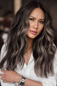 Dark Smokey Hair with Ash Blonde Balayage Tones for women with long thick hair Natural Ash Brown Hair, Ashy Brown, Light Ash Brown Hair, Dark Black Hair, Long Hair Highlights, Ash Brown Hair Color, Black Brown Hair, Black Hair Balayage