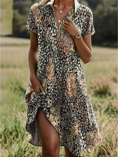 Women's Tunic Dress Ditsy Floral Ruffle Hem Shirt Collar Midi Dress Casual Daily Short Sleeve Summer 2024 - $36.99 Bohemian Print Dress, Vintage Floral Print Dress, Long Skirt Fashion, Belle Silhouette, Matching Shoes, Event Dress, Flower Skirt, Vintage Floral Dress, Bohemian Print