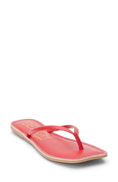 An angular square toe lends modern appeal to a summer-ready flip flop secured by a center toe post. Synthetic upper, lining and sole Imported Adjustable Red Flip Flops For Beach, Adjustable Square Toe Sandals For Beach, Red Beach Sandals With Single Toe Strap, Red Synthetic Flip Flops For The Beach, Red Synthetic Flip Flops For Vacation, Red Sandals With Single Toe Strap For Beach, Red Sandals With Single Toe Strap For Summer, Trendy Red Sandals For Beach Season, Red Single Toe Strap Sandals For Summer