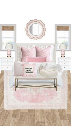 a bedroom with pink and white bedding, pillows, rugs and mirrors on the wall