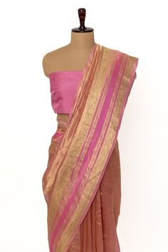 Pink saree with zari, floral handwoven motifs and tassel border. Comes with unstitched blouse piece. - Aza Fashions Elegant Cotton Silk Pre-draped Saree With Border, Wedding Raw Silk Pre-draped Saree With Border, Designer Silk Pre-draped Saree With Border, Silk Pre-draped Saree With Border For Designer Wear, Designer Cotton Silk Pre-draped Saree With Border, Designer Silk Traditional Wear With Border, Silk Traditional Wear With Designer Border, Pre-draped Cotton Silk Saree With Border For Wedding, Silk Saree Blouse Piece With Border