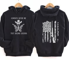 Looking for the perfect gift for the cowboy in your life, or a memorial shirt for your favorite cowboy, this is the perfect hoodie. Our cowboy skeleton hoodie is perfect for anyone looking to get into outdoor sports. With a cool graphic design and comfortable fit, this shirt will make you look and feel like a pro. Not to mention, our shirt makes a great gift for any hunter/fisher out there! This unisex heavy blend hooded sweatshirt is relaxation itself. Made with a thick blend of cotton and poly Country Hoodies, Cowboy Skeleton, Skeleton Hoodie, American Flag Hoodie, Cool Graphic Design, Cowboy Gifts, Gifts For Hunters, Country Life, Cold Day