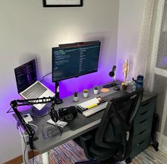 a computer desk with two monitors and a laptop