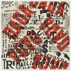 an art work with red and black letters on it's sides, including the words