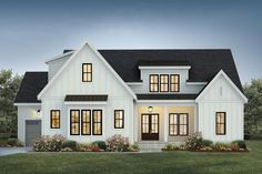 this is an artist's rendering of the front elevation of a house with white siding and black shingles