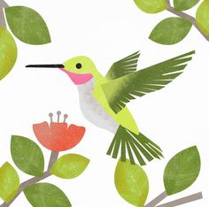 a painting of a hummingbird on a branch with leaves and flowers in the background