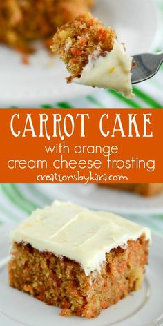 carrot cake with orange cream cheese frosting is on a white plate and has a fork in it