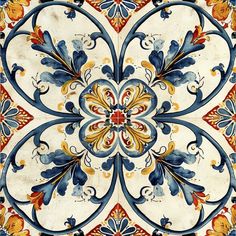 an ornate tile design with blue, yellow and red colors