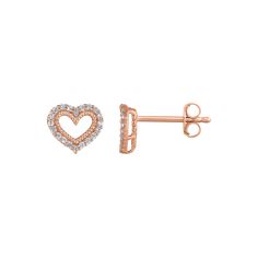 Adorned with scintillating diamonds, these heart stud earrings are simply lovely. Adorned with scintillating diamonds, these heart stud earrings are simply lovely. Backings: push-on, push-off Milgrain details Metal: 10k rose gold Packaging: boxed Finish: polished Length: 8.30 mmDIAMOND DETAILS Total weight: 1/5 ct. Shape: round Setting: prong Diamond weights are approximate. Diamond Total Weights may vary between .01 and .13 ct. Some diamonds consist of fewer than 17 facets. Gemstones may have b Rose Gold Diamond Heart Cut Earrings, Rose Gold Heart Cut Diamond Earrings, Rose Gold Heart Earrings With Diamond Accents, Rose Gold Heart Cut Earrings With Diamond Accents, Heart-shaped Rose Gold Earrings With Diamond Accents, Heart Shaped Rose Gold Earrings With Diamond Accents, Diamond Heart Earrings, Gold Packaging, Heart Stud Earrings