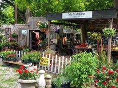 a garden store with lots of flowers and plants in pots on the side of it