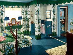 an old fashioned bedroom with blue walls and green carpeting, decorated in floral patterns