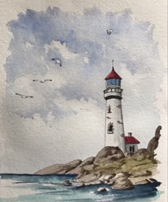 a watercolor painting of a lighthouse on an island with seagulls flying around