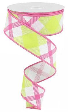 Plaid Canvas Wired Ribbon: White, Lime Green, Hot Pink - 1.5 Inches x 10 Yards (30 Feet) Ribbon White, Yellow Lime, Fun Birthday Party, Striped Ribbon, Plaid Ribbon, Trendy Tree, Wreath Supplies, Burlap Ribbon, Wreath Bow