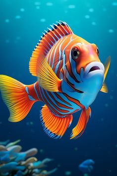 an orange and blue fish swimming in the ocean