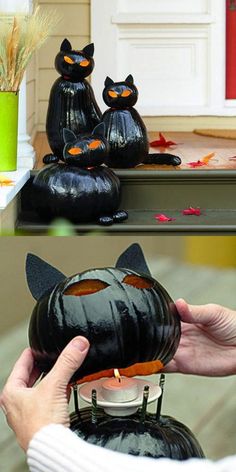 two pictures of black cats made out of pumpkins