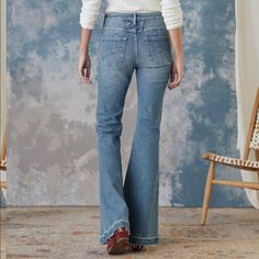 Driftwood Prairie La Belle Retro Style Jeans By Driftwood Fit And Flare With Raw Edge Hems And Perfectly Placed Fading In Medium Blue Wash. 34" Inseam/ 10" Rise. 24" Leg Opening. Bohemian Fitted Medium Wash Bottoms, Fitted Bohemian Medium Wash Bottoms, Bohemian Fitted Medium-wash Bottoms, Flare Denim Jeans, Kick Flares, Flare Leg Jeans, Embroidered Jeans, Denim Flares, Medium Blue