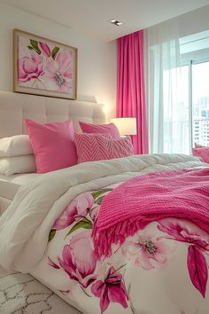 a bed with pink flowers on it in a bedroom next to a window and curtains