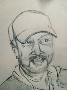 a pencil drawing of a man with a hat on his head and eyes wide open