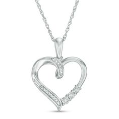 A sweet treat, this heart pendant is sure to delight your romantic. Crafted in sterling silver, this look showcases a sculpted heart-shaped outline adorned with a trio of diamond accents - each artfully set to enhance size and sparkle. Rows of beaded detailing glisten along the ribbon base and looped top. Polished to a bright shine, this pendant suspends along an 18.0-inch rope chain that secures with a spring-ring clasp. Diamond Accented Heart Pendant Necklace For Mother's Day, Fine Jewelry Heart Pendant Necklace With Diamond Accents, Silver Heart Detail Jewelry For Mother's Day, Diamond White Open Heart Charm Necklace, Heart-shaped Diamond Accented Pendant Necklace For Valentine's Day, Silver Double Heart Necklace With Diamond Accents, Heart Pendant Necklace With Diamond Accents For Valentine's Day, Heart Pendant Necklace With Diamond Accents For Mother's Day, Silver Heart Cut Jewelry With Heart Detail