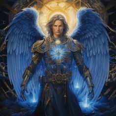 an angel with blue wings standing in front of a golden halo and surrounded by clouds