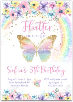 a butterfly birthday party card with flowers and butterflies on the front, in pastel colors