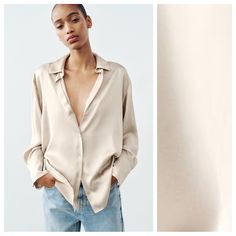 Nwt. Zara Soft Gold Satin Effect V-Neck Blouse With Lapel Collar Shirt With Long Sleeves, Round Hem. Front Button Closure. Size S. Ref. 8741/036. Pit To Pit 21" Flat, Shoulders 18", Sleeves 21,5", Length 27". C Gold Satin, V Neck Blouse, Collar Shirt, Zara Tops, Lapel Collar, Collar Shirts, Top Blouse, Blouses, Zara