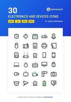 an image of electronic devices and devices icons on a white background with the text 30 electronics and devices icons by aaron kuhnman