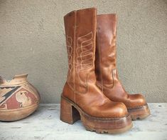 70s Cowboy Boots, Platform Boots Goth, Brown Platform Boots, Chunky Heel Platform Boots, Boots Goth, Grunge Boots, Quoi Porter