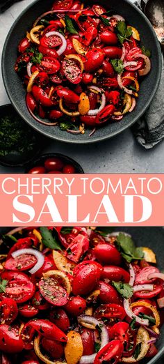 a pan filled with tomatoes and onions on top of a table