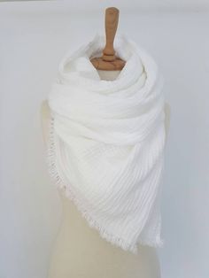 Pure Cotton Scarf in Snow White Scarf is made from naturally wrinkled  100% cotton gauze ( double layer ) ultra soft fabric and is perfect for spring, summer, autumn and light winter days. Ultra Soft Comfy scarf will keep you really Cozy !    Perfect Bridesmaid Gift Size:  ~50x220 cm / 20x87 inches ~70x220 cm / 28x87 inches ~80x220 cm / 31x87 inches ( size on photo ) Material:  - 100 % Cotton Gauze / Double Layer  Color:  - snow white Scarf is finished with fringes . Care: machine washable and d Shawl White, Scarf Blanket, White Scarf, White Woman, White Scarves, Oversized Scarf, Gauze Fabric, Cotton Scarf, Blanket Scarf