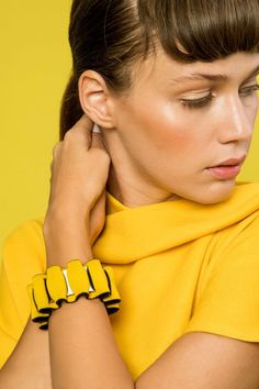 Yellow Fabric Chunky Statement Cuff Wide Contemporary Bracelet, Minimalist Statement Jewelry -------------- This cool and elegant cuff bracelet is a handmade piece, made of a unique combination of Neoprene fabric, the fabric usually being used for scuba diving suits, and Silvertone plated metal.  This new material combination creates a fine, clean and fresh look, that resonates with classic timeless jewelry while bringing to light up-to-date fashionable and innovative contemporary accessories. O Scuba Diving Suit, Fabric Cuff Bracelet, Contemporary Bracelets, Statement Cuff Bracelet, Fabric Bracelets, Contemporary Accessories, Modern Bracelets, Chunky Bracelets, Wide Bracelet