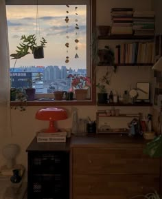 a room with a window, bookshelf and plants on the shelves in front of it