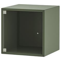 an empty green metal cabinet with the door open and no one inside or behind it