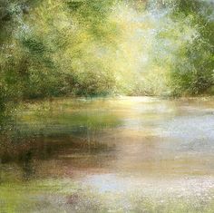 an abstract painting of trees and water in the foreground, with sunlight streaming through them